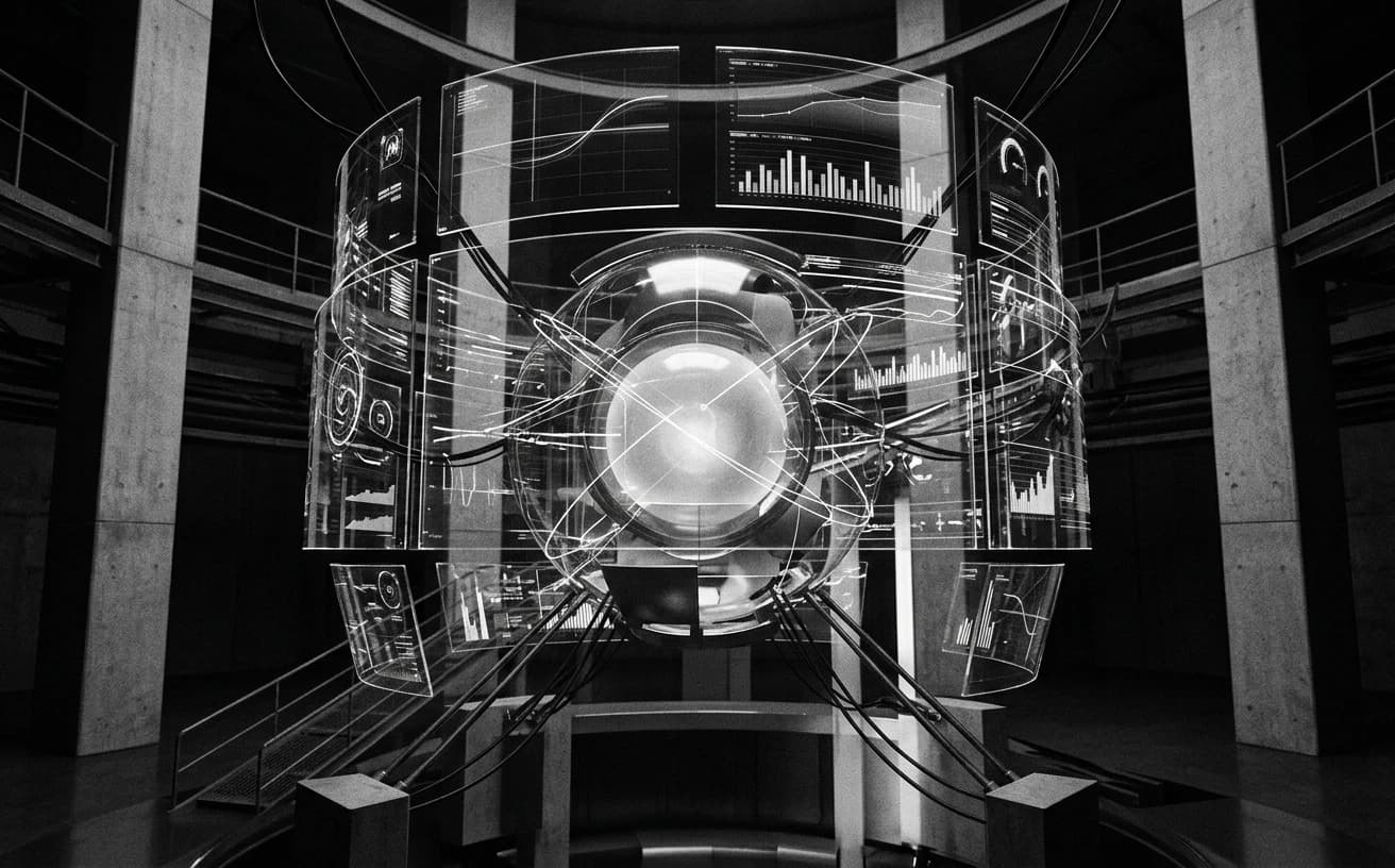 Abstract monochrome visualization of observability traces and cost dashboards wrapping an autonomous production system