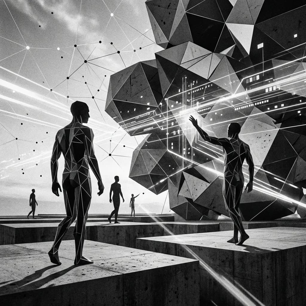 Future of work 2030 visualization showing human and AI collaboration with data analytics and job growth projections